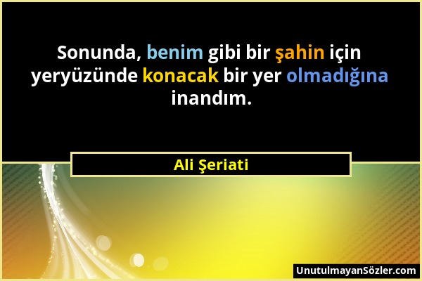 Ali Şeriati - Sonunda, benim gibi bir şahin için yeryüzünde konacak bir yer olmadığına inandım....