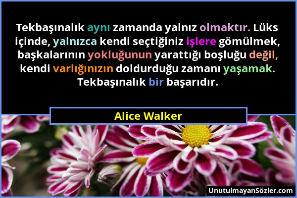 Alice Walker - Tekbaşınalık aynı zamanda yalnız olmaktır. Lüks içinde, yalnızca kendi seçtiğiniz işlere gömülmek, başkalarının yokluğunun yarattığı bo...