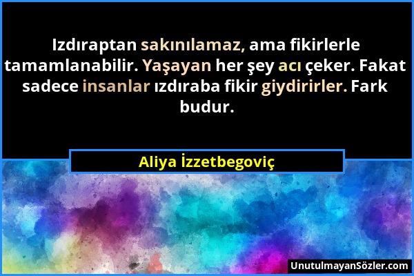 Aliya İzzetbegoviç - Izdıraptan sakınılamaz, ama fikirlerle tamamlanabilir. Yaşayan her şey acı çeker. Fakat sadece insanlar ızdıraba fikir giydirirle...