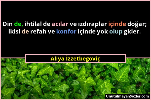 Aliya İzzetbegoviç - Din de, ihtilal de acılar ve ızdıraplar içinde doğar; ikisi de refah ve konfor içinde yok olup gider....