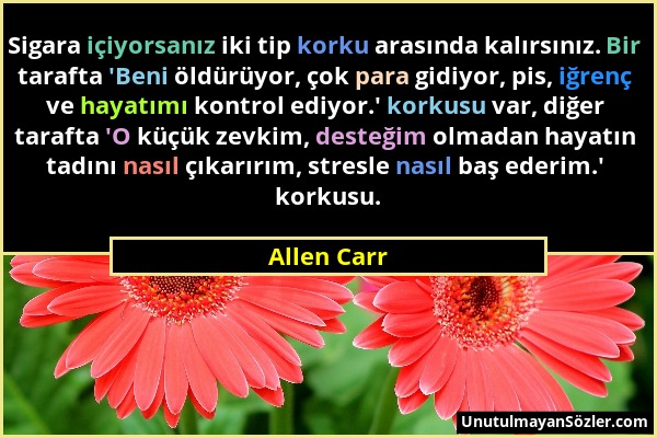 Allen Carr - Sigara içiyorsanız iki tip korku arasında kalırsınız. Bir tarafta 'Beni öldürüyor, çok para gidiyor, pis, iğrenç ve hayatımı kontrol ediy...