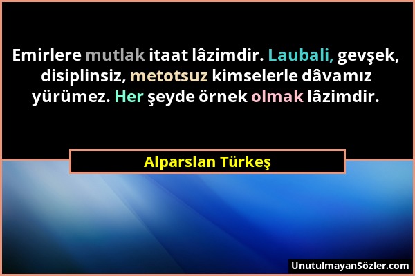 Alparslan Türkeş - Emirlere mutlak itaat lâzimdir. Laubali, gevşek, disiplinsiz, metotsuz kimselerle dâvamız yürümez. Her şeyde örnek olmak lâzimdir....