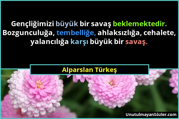 Alparslan Türkeş - Gençliğimizi büyük bir savaş beklemektedir. Bozgunculuğa, tembelliğe, ahlaksızlığa, cehalete, yalancılığa karşı büyük bir savaş....