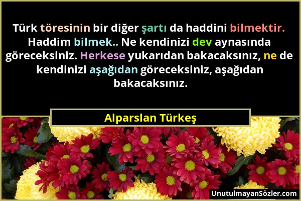 Alparslan Türkeş - Türk töresinin bir diğer şartı da haddini bilmektir. Haddim bilmek.. Ne kendinizi dev aynasında göreceksiniz. Herkese yukarıdan bak...