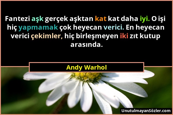 Andy Warhol - Fantezi aşk gerçek aşktan kat kat daha iyi. O işi hiç yapmamak çok heyecan verici. En heyecan verici çekimler, hiç birleşmeyen iki zıt k...