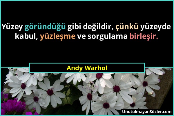 Andy Warhol - Yüzey göründüğü gibi değildir, çünkü yüzeyde kabul, yüzleşme ve sorgulama birleşir....