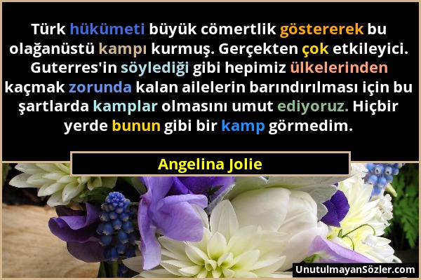 Angelina Jolie - Türk hükümeti büyük cömertlik göstererek bu olağanüstü kampı kurmuş. Gerçekten çok etkileyici. Guterres'in söylediği gibi hepimiz ülk...