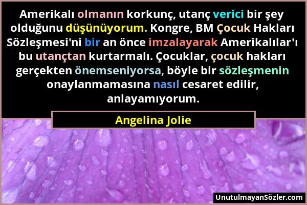 Angelina Jolie - Amerikalı olmanın korkunç, utanç verici bir şey olduğunu düşünüyorum. Kongre, BM Çocuk Hakları Sözleşmesi'ni bir an önce imzalayarak...