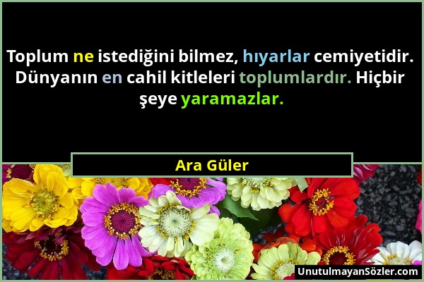 Ara Güler - Toplum ne istediğini bilmez, hıyarlar cemiyetidir. Dünyanın en cahil kitleleri toplumlardır. Hiçbir şeye yaramazlar....