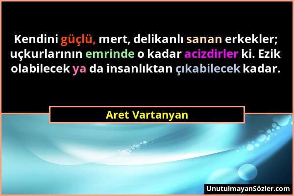 Aret Vartanyan - Kendini güçlü, mert, delikanlı sanan erkekler; uçkurlarının emrinde o kadar acizdirler ki. Ezik olabilecek ya da insanlıktan çıkabile...