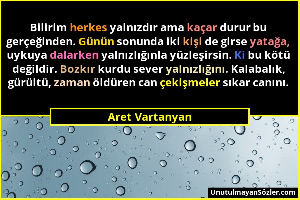 Aret Vartanyan - Bilirim herkes yalnızdır ama kaçar durur bu gerçeğinden. Günün sonunda iki kişi de girse yatağa, uykuya dalarken yalnızlığınla yüzleş...