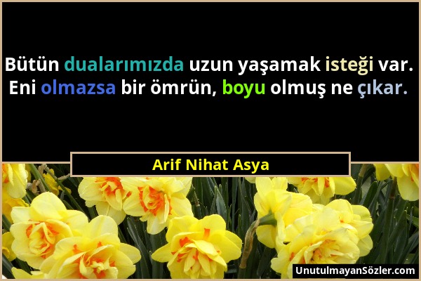 Arif Nihat Asya - Bütün dualarımızda uzun yaşamak isteği var. Eni olmazsa bir ömrün, boyu olmuş ne çıkar....