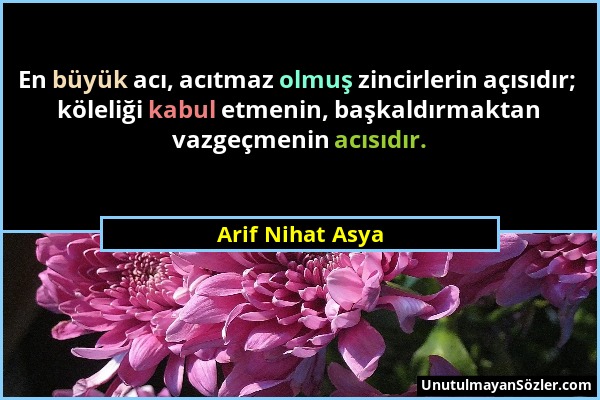 Arif Nihat Asya - En büyük acı, acıtmaz olmuş zincirlerin açısıdır; köleliği kabul etmenin, başkaldırmaktan vazgeçmenin acısıdır....