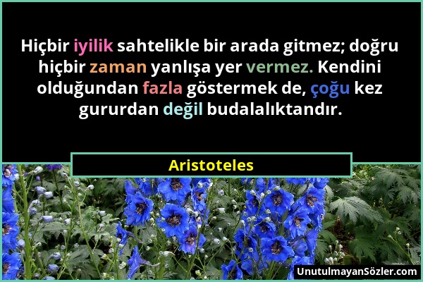 Aristoteles - Hiçbir iyilik sahtelikle bir arada gitmez; doğru hiçbir zaman yanlışa yer vermez. Kendini olduğundan fazla göstermek de, çoğu kez gururd...