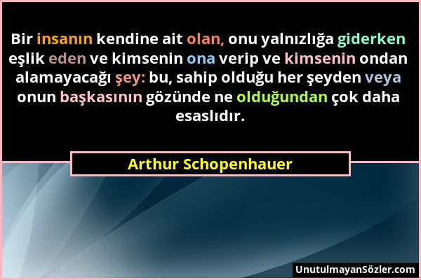 Arthur Schopenhauer - Bir insanın kendine ait olan, onu yalnızlığa giderken eşlik eden ve kimsenin ona verip ve kimsenin ondan alamayacağı şey: bu, sa...