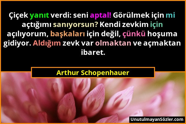 Arthur Schopenhauer - Çiçek yanıt verdi: seni aptal! Görülmek için mi açtığımı sanıyorsun? Kendi zevkim için açılıyorum, başkaları için değil, çünkü h...