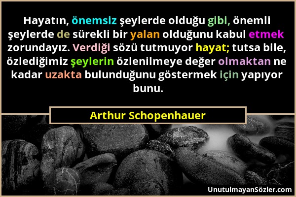 Arthur Schopenhauer - Hayatın, önemsiz şeylerde olduğu gibi, önemli şeylerde de sürekli bir yalan olduğunu kabul etmek zorundayız. Verdiği sözü tutmuy...