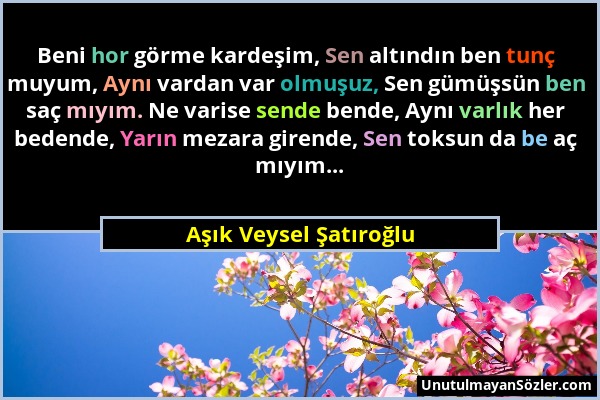 Aşık Veysel Şatıroğlu - Beni hor görme kardeşim, Sen altındın ben tunç muyum, Aynı vardan var olmuşuz, Sen gümüşsün ben saç mıyım. Ne varise sende ben...