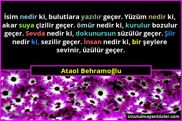 Ataol Behramoğlu - İsim nedir ki, bulutlara yazılır geçer. Yüzüm nedir ki, akar suya çizilir geçer. ömür nedir ki, kurulur bozulur geçer. Sevda nedir...