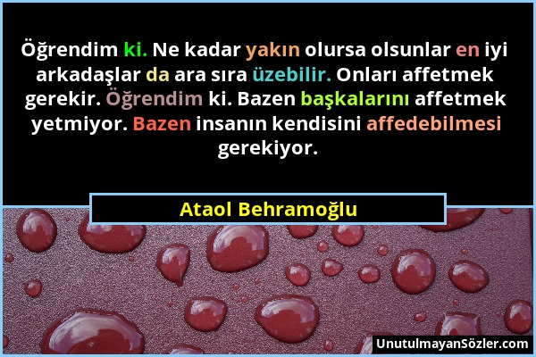 Ataol Behramoğlu - Öğrendim ki. Ne kadar yakın olursa olsunlar en iyi arkadaşlar da ara sıra üzebilir. Onları affetmek gerekir. Öğrendim ki. Bazen baş...