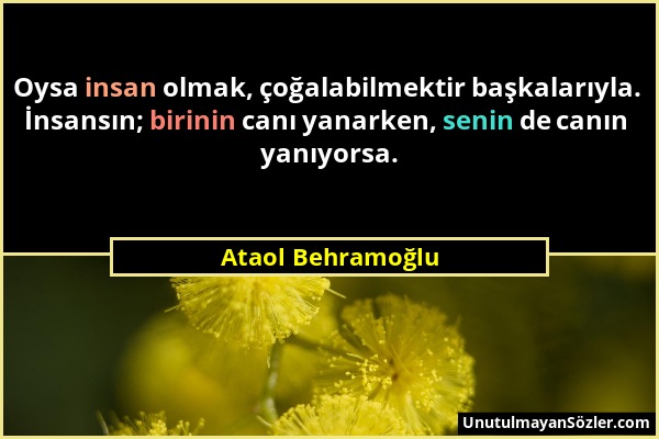 Ataol Behramoğlu - Oysa insan olmak, çoğalabilmektir başkalarıyla. İnsansın; birinin canı yanarken, senin de canın yanıyorsa....