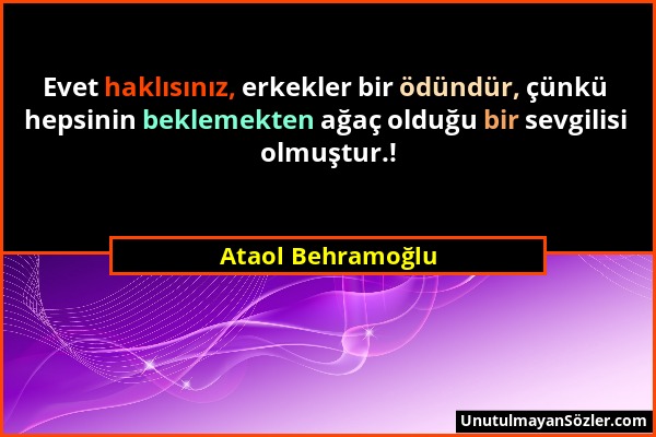 Ataol Behramoğlu - Evet haklısınız, erkekler bir ödündür, çünkü hepsinin beklemekten ağaç olduğu bir sevgilisi olmuştur.!...