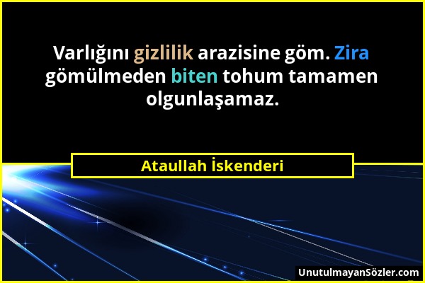 Ataullah İskenderi - Varlığını gizlilik arazisine göm. Zira gömülmeden biten tohum tamamen olgunlaşamaz....