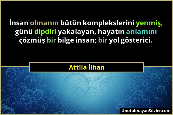 Attila İlhan - İnsan olmanın bütün komplekslerini yenmiş, günü dipdiri yakalayan, hayatın anlamını çözmüş bir bilge insan; bir yol gösterici....