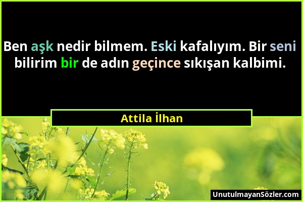 Attila İlhan - Ben aşk nedir bilmem. Eski kafalıyım. Bir seni bilirim bir de adın geçince sıkışan kalbimi....