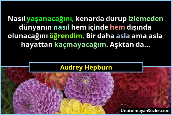 Audrey Hepburn - Nasıl yaşanacağını, kenarda durup izlemeden dünyanın nasıl hem içinde hem dışında olunacağını öğrendim. Bir daha asla ama asla hayatt...