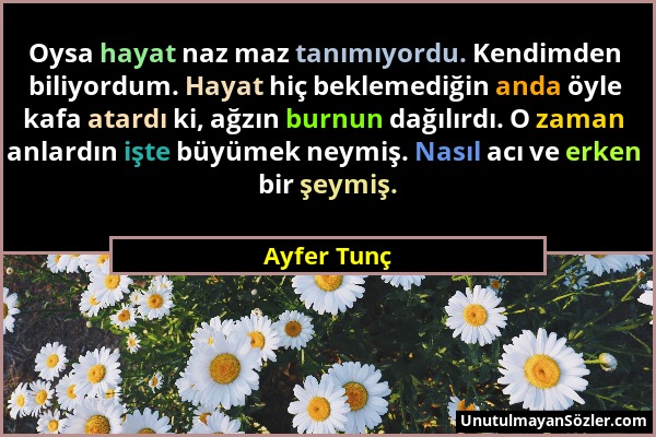 Ayfer Tunç - Oysa hayat naz maz tanımıyordu. Kendimden biliyordum. Hayat hiç beklemediğin anda öyle kafa atardı ki, ağzın burnun dağılırdı. O zaman an...