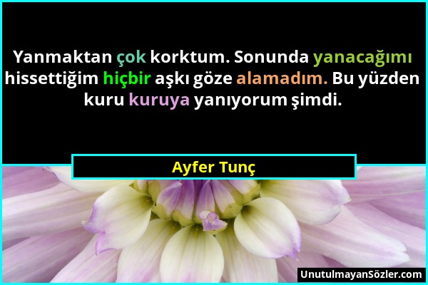 Ayfer Tunç - Yanmaktan çok korktum. Sonunda yanacağımı hissettiğim hiçbir aşkı göze alamadım. Bu yüzden kuru kuruya yanıyorum şimdi....