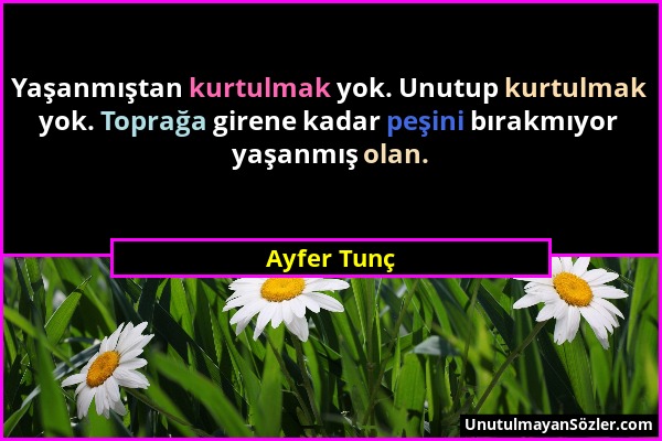 Ayfer Tunç - Yaşanmıştan kurtulmak yok. Unutup kurtulmak yok. Toprağa girene kadar peşini bırakmıyor yaşanmış olan....