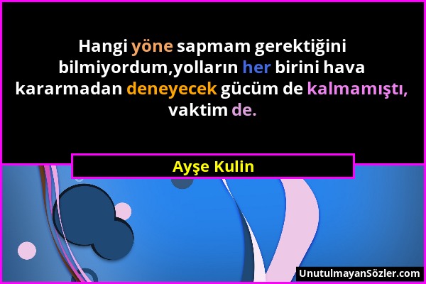 Ayşe Kulin - Hangi yöne sapmam gerektiğini bilmiyordum,yolların her birini hava kararmadan deneyecek gücüm de kalmamıştı, vaktim de....