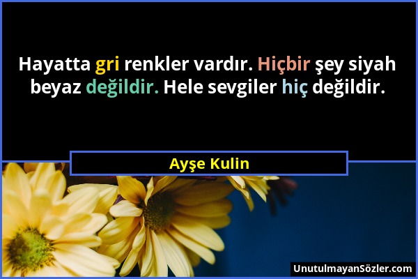 Ayşe Kulin - Hayatta gri renkler vardır. Hiçbir şey siyah beyaz değildir. Hele sevgiler hiç değildir....