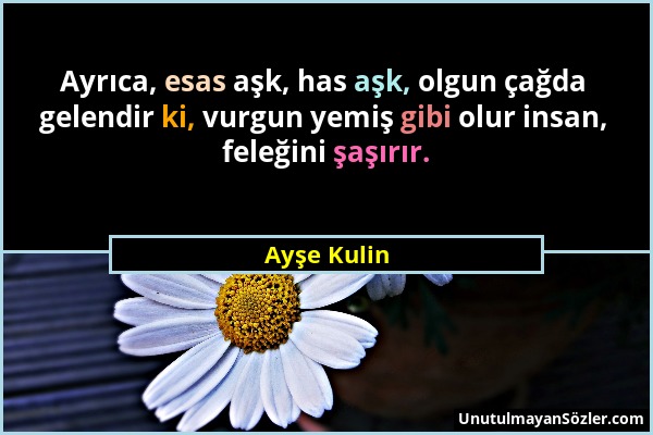 Ayşe Kulin - Ayrıca, esas aşk, has aşk, olgun çağda gelendir ki, vurgun yemiş gibi olur insan, feleğini şaşırır....