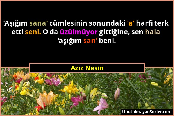 Aziz Nesin - 'Aşığım sana' cümlesinin sonundaki 'a' harfi terk etti seni. O da üzülmüyor gittiğine, sen hala 'aşığım san' beni....