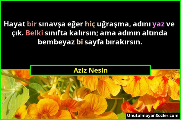 Aziz Nesin - Hayat bir sınavşa eğer hiç uğraşma, adını yaz ve çık. Belki sınıfta kalırsın; ama adının altında bembeyaz bi sayfa bırakırsın....