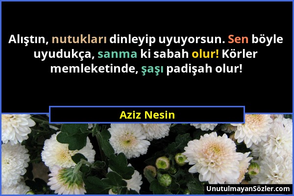 Aziz Nesin - Alıştın, nutukları dinleyip uyuyorsun. Sen böyle uyudukça, sanma ki sabah olur! Körler memleketinde, şaşı padişah olur!...