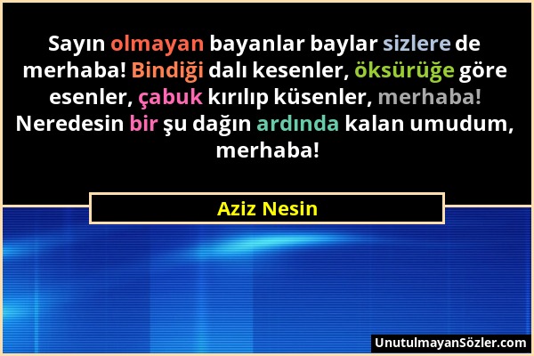 Aziz Nesin - Sayın olmayan bayanlar baylar sizlere de merhaba! Bindiği dalı kesenler, öksürüğe göre esenler, çabuk kırılıp küsenler, merhaba! Neredesi...