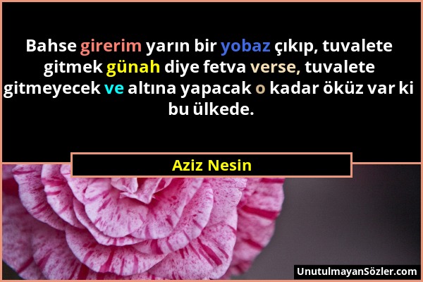 Aziz Nesin - Bahse girerim yarın bir yobaz çıkıp, tuvalete gitmek günah diye fetva verse, tuvalete gitmeyecek ve altına yapacak o kadar öküz var ki bu...