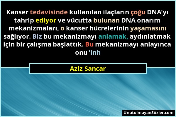 Aziz Sancar - Kanser tedavisinde kullanılan ilaçların çoğu DNA'yı tahrip ediyor ve vücutta bulunan DNA onarım mekanizmaları, o kanser hücrelerinin yaş...