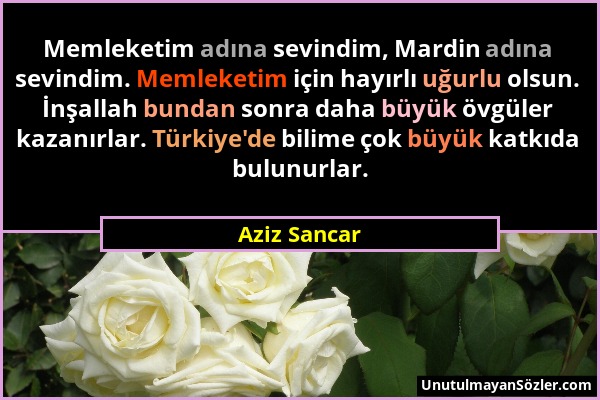 Aziz Sancar - Memleketim adına sevindim, Mardin adına sevindim. Memleketim için hayırlı uğurlu olsun. İnşallah bundan sonra daha büyük övgüler kazanır...