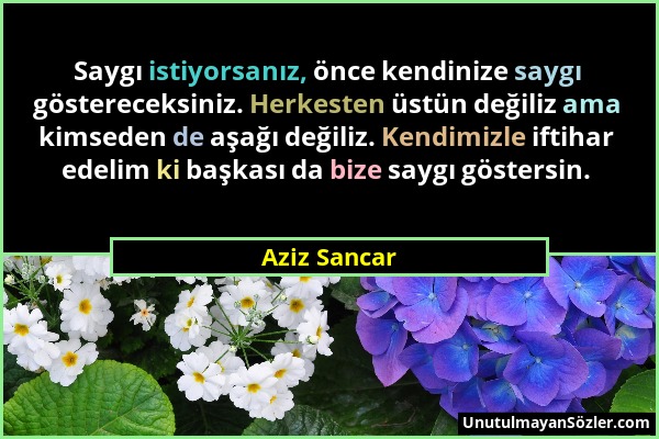 Aziz Sancar - Saygı istiyorsanız, önce kendinize saygı göstereceksiniz. Herkesten üstün değiliz ama kimseden de aşağı değiliz. Kendimizle iftihar edel...