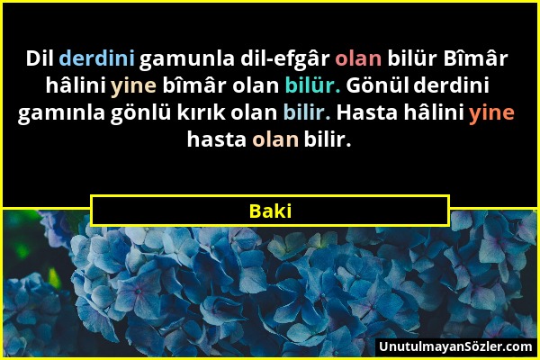 Baki - Dil derdini gamunla dil-efgâr olan bilür Bîmâr hâlini yine bîmâr olan bilür. Gönül derdini gamınla gönlü kırık olan bilir. Hasta hâlini yine ha...