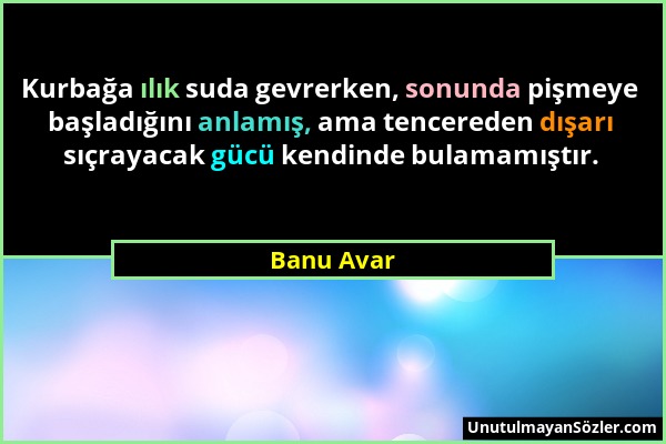 Banu Avar - Kurbağa ılık suda gevrerken, sonunda pişmeye başladığını anlamış, ama tencereden dışarı sıçrayacak gücü kendinde bulamamıştır....