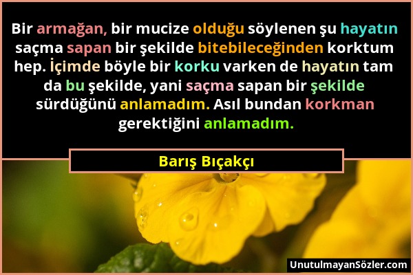 Barış Bıçakçı - Bir armağan, bir mucize olduğu söylenen şu hayatın saçma sapan bir şekilde bitebileceğinden korktum hep. İçimde böyle bir korku varken...