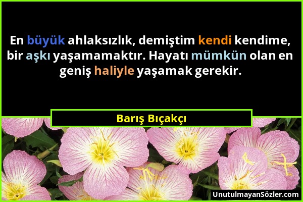 Barış Bıçakçı - En büyük ahlaksızlık, demiştim kendi kendime, bir aşkı yaşamamaktır. Hayatı mümkün olan en geniş haliyle yaşamak gerekir....