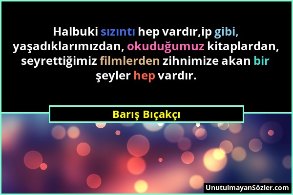 Barış Bıçakçı - Halbuki sızıntı hep vardır,ip gibi, yaşadıklarımızdan, okuduğumuz kitaplardan, seyrettiğimiz filmlerden zihnimize akan bir şeyler hep...