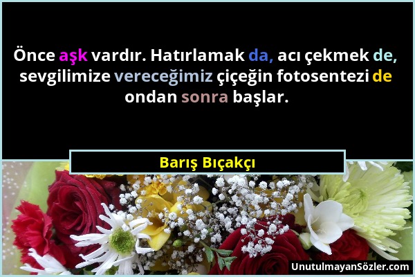 Barış Bıçakçı - Önce aşk vardır. Hatırlamak da, acı çekmek de, sevgilimize vereceğimiz çiçeğin fotosentezi de ondan sonra başlar....